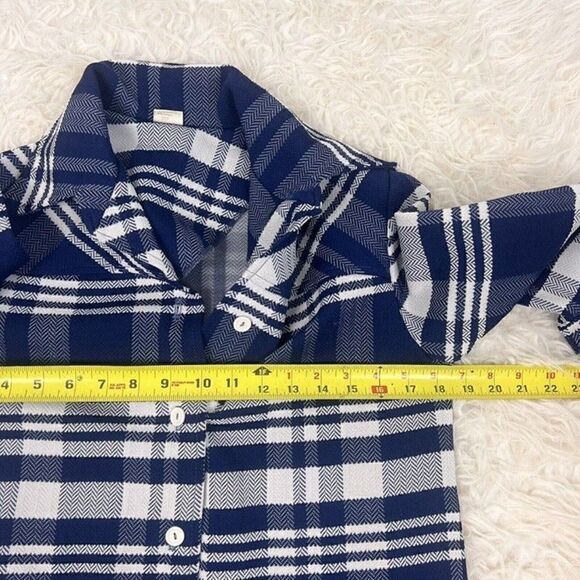 Vintage 70s Blue & White Plaid Button Down Jacket & Straight Leg Pant Set Small - Picture 6 of 12